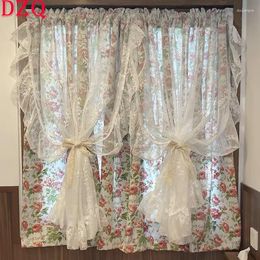 Curtain American Idyllic Double-layer Ruffle Side Lace Flowers Tulle Curtains Living Room Cotton Linen Red Rose Kitchen #A339