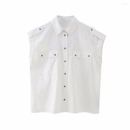 Women's Blouses Women 2023 Spring Fashion Tooling Money Poplin Vintage Sleeveless Button-up Female Shirts Chic Tops