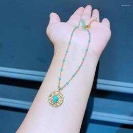 Chains NOT FADE! Turquoise Paved Round Pendant Necklace Gold Color 316L Stainless Steel Chain Women Accessories
