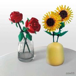 Blocks Building Block Bouquet 3D Model Toy Home Decoration Plant Potted Sunflower Rose Flower Assembly Brick Girl Toy Child Gift R230720