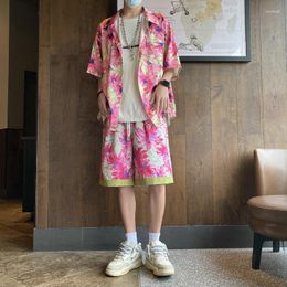 Men's Tracksuits Summer Flower Sets Men Fashion Oversized Short Sleeve Shirt Shorts Two Piece Loose Print Ice Silk Set Mens Hawaii