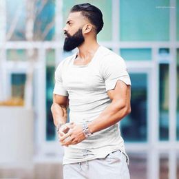 Men's Tank Tops Mens Wear Brand Extend Long Bodybuilding T Shirt Fashion Vintage Hole Fitness Tshirt Sports Short Sleeve Gyms Slim Fit