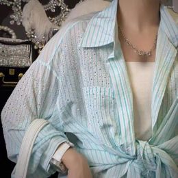 Women's Blouses European Thin Stripe Star Sky Diamond Cool Long Sleeved Shirt Ice Blue Sun Protection Blouse Top For Women