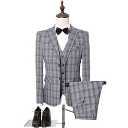 Men's Plaid Cheque Business Suits Men Wedding Party Latest Coat Pant Designs High Quality Jacket Vest & Blazers272e