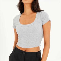 women's t shirts Cotton ribbed U-neck short top for women's short sleeved T-shirt with slim fit exposed navel wear