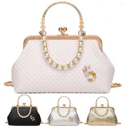 Evening Bags Women Pearl Chain Purse Solid Color Crossbody Bag Detachable Strap Clip Mouth Leisure Party Daily