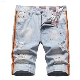 Men's Shorts Men Neon Side Stripe Denim Shorts Summer Painted Holes Ripped Distressed Jeans Knee Length Breeches L230719