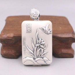 Chains Real 999 Fine Silver Orchid Pattern With Heart Sutra Rectangle Pendant 2.28"H