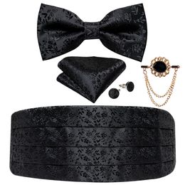 Belts Black Floral Silk Wedding Men's Cummerbunds Bow Tie Brooch Set Tuxedo Formal Wide Belt Ceremonial Elastic Waistband DiBanGu 230718