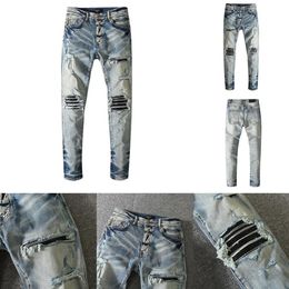 Jeans Amiry che lavano l'acqua blu vecchia toppa con foro di mucca che rattoppa le gambe sottili elastiche sottili2768