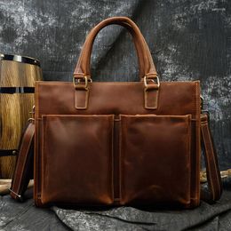Briefcases Men's Vintage Crazy Horse Leather Briefcase Fit 14" Laptop Bag High Quality Real Work Tote Business Shoulder