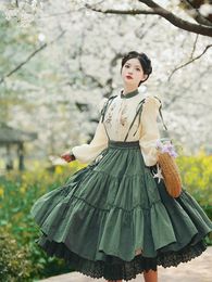 Casual Dresses Vintage Ethnic Style Woman Outfits Puff Sleeve Embroidery Tops Shirt & Large Swing Gothic Green Cake Lace Skirt 2 Piece Set