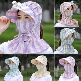 Wide Brim Hats Women's Windproof Sun Hat With Fan Summer Plaid Face-Covering UV Protection Outdoor Garden Work Fishing Neck Scarf