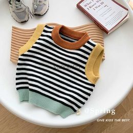 Pullover 2023 Spring Girls Boys Casual Knitted Stripe Vest Baby Kids Children Waistcoat HKD230719