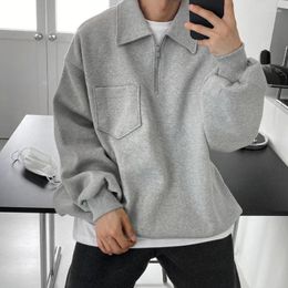 Men's Hoodies Grey White Lapel Hoodie Men Fashion Korean Oversized Sweatshirt Streetwear Hip Hop Loose Pullover Mens Hoody M-2XL