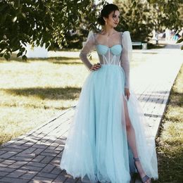 Fabulous See Through Sleeve Prom Dresses Sweetheart Side Split Maxi Dress Beading Belt Bohemian Evening Party Gowns 326 326