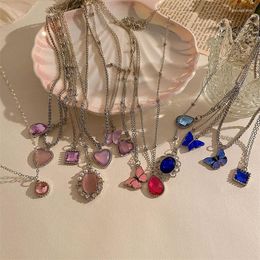 Pendant Necklaces Super Fairy Creative Gem Necklace Sweet Pink Heart Shape Butterfly Set For Women Girls Wedding Party Jewelry