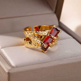 Band Rings Red Zircon Stone Rings for Women Adjustable Stainless Steel Ring Vintage Wedding Jewellery Accessories item R230822