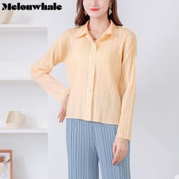 Women's Blouses MelonWhale Pleated Solid Blouse Shirt Women Long Sleeve Lapel 2023 Spring Summer Korean Style Lady Fashion Casual Cardigan