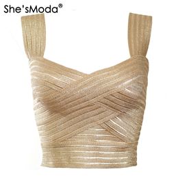 Camisoles Tanks She sModa Luxury Golden Bandage Slim Sleeve s Spandex Summer Cropped Tops Vest Tank Party Bachelorette Plus Size 230719