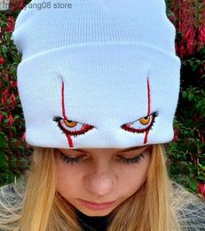 Beanie/Skull Caps Embroidered Woolen Beanies Hat Scary Clown Eyes Knitted Hat Warm Hedging Hip-hop Hat Woolen Halloween Hat Beanies T230719