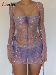 Two Piece Dress Laertes Summer Sexy Party Club Knit 4 Piece Set Crop TopMini Skirt See Through Matching Sets Y2K Sequins Beach Vacation 230718