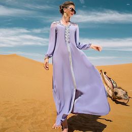 Casual Dresses Elegant Purple Fairy Rhinestone Dress Dubai Travel Robe Party Silver Ribbon Design Breathable Comfortable Long With Belt