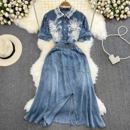 Party Dresses Clothland Women Sweet Lace Patchwork Denim Dress Beading Pearl Short Sleeve A Line Summer Midi Vestido QC453