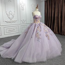 Luxury Lavender Quinceanera Dresses Ball Gown Appliques 3DFlower Spaghetti Strap Sweet 16 Dress Party Gown Vestidos De 15 Anos