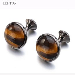 Cuff Links Lepton Low-key Luxury Tiger-eye Stone Cufflinks for Mens High Quality Round Tigereye Stone Cuff links Relojes gemelos Gift 230718