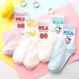 Women Socks Cute Milk Banner Cotton Female Kawaii Strawberry With Cow Socking Slippers Casual Soft Funny