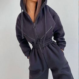 Women s Pants Elegant Jumpsuit Hoodies Zipper Outfit Fleece Lined Winter Long Sleeve Overalls Casual Rompers Tracksuits Black 230718