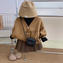 Pullover New Spring and Autumn Children's Cardigan Sweater Set Korean Style Solid Color Coat Boys and Girls Sweater Casual Loose Clothing HKD230719