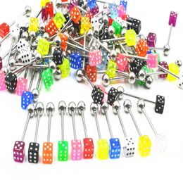 100pcs Stainless Steel Dice Colourful Tongue Nipple Rings Bars Body Piercing Jewellery shippment Body Jewellery 14gx19mm275o