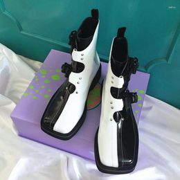 Boots Spring Autumn Think Heels Square Toe Mixed Colors Buckles Rivet Women Short Equestrian Ladies Ankle Motorcycle Botas