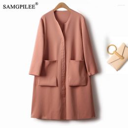 Women's Trench Coats Casual Classic Windbreaker Spring Outerwear 2023 Large Pocket Mid Length Cardigan Air Cotton Solid Slim Coat