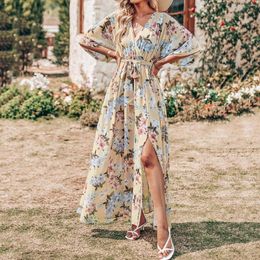 Casual Dresses Summer Chiffon Maxi Dress Women Fashion Print Bohemia Beach Long Sundress V-neck Belt Flower Sexy Split Elegant