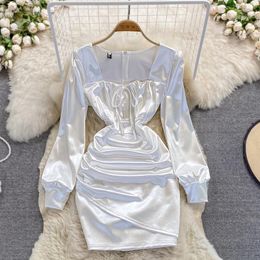 Casual Dresses Korean Autumn 2023 Sexy Square Neck White Satin Dress Girl Bodycon Pleated Short Women Work OL Long Sleeve