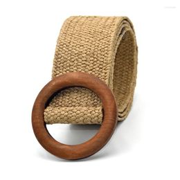 Belts Straw Woven Elastic Waist Belt Women Skinny Dress Braided Cinch Fashion Round Wooden Buckle Wide