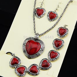 Fashion Female Pendants Vintage Antique Silver Heart Natural Red Turquoise Earrings Bracelet Necklace Women Retro Jewelry316m