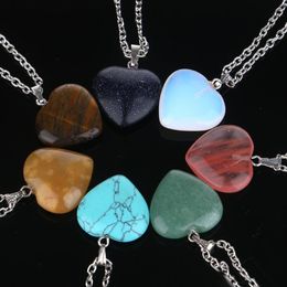 Natural Stone Pendant Necklaces Heart Gemstone Rock Crystal Quartz Healing Charms Stainless steel chain necklace for women297I
