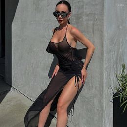 Casual Dresses Sexy Mesh Sleeveless See Through Maxi Dress High Slip Bodycon Sling 2023 Summer Fashion Party Club Vestido