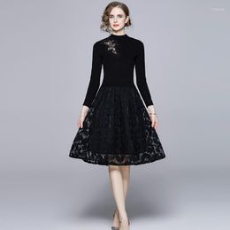 Casual Dresses Autumn Winter Dress Women 2023 Bottoming Slim Lace Splice Knitted High-quality Retro Black Mid-lenght