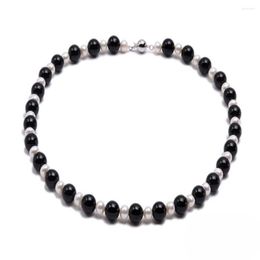 Chains Hand Knotted Necklace Natural 6-7mm White Freshwater Pearl Nearly Round 10mm Black Agate Length About 45cm