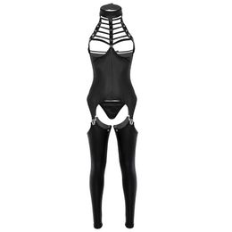 3Pcs Women Open Crotch Lingerie Set Halter Neck Bust Bra Crotchless Patent Leather Erotic Sexy Suit Cosplay Bodysuit Outfit Bras S231d