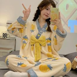 Women's Sleepwear 2023Autumn Winter Flannel Warm Long Sleeve Pajamas Set Cute Leisure Women Gold Velvet Pyjamas Homewear