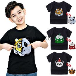 T-shirts Panda Tiger Dinosaur Sequin Children T Shirt for Boys Tshirts Kids T Shirt Cartoon Print Summer Tops Tshirts for Baby Clothes x0719
