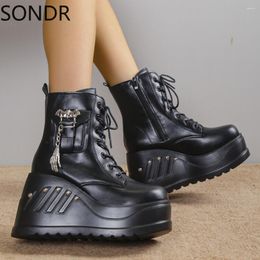 Boots Womens Platform Skull Spider Metal Chain Decor Ankle Rivet Wedge High Heel Lace Up Punk Shoes Motorcycle Dark Girls