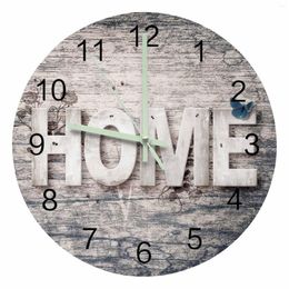 Wall Clocks Wood Grain Retro Home Word Shabby Luminous Pointer Clock Ornaments Round Silent Living Room Office Decor