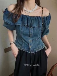 Women's Blouses Iyundo Vintage Denim Tops Summer Slash Collar Short-sleeved Shirt & Blouse Off Shoulder Slim Ruffles Female Chic Clothes